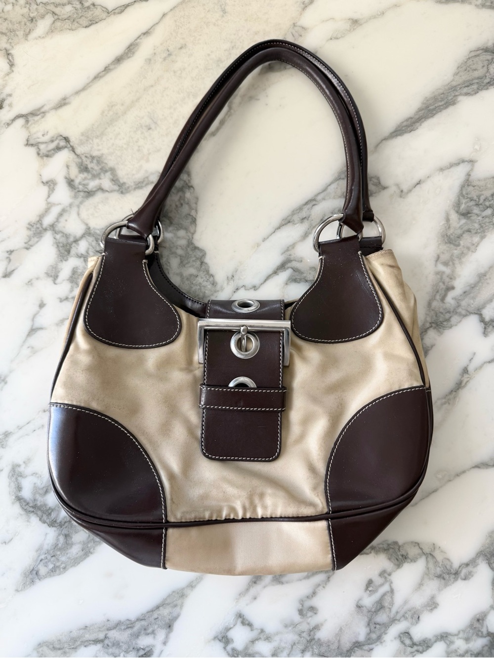 Prada Tessuto Nylon & Leather Shoulder Bag Beige Brown Grommet Buckle Y2K